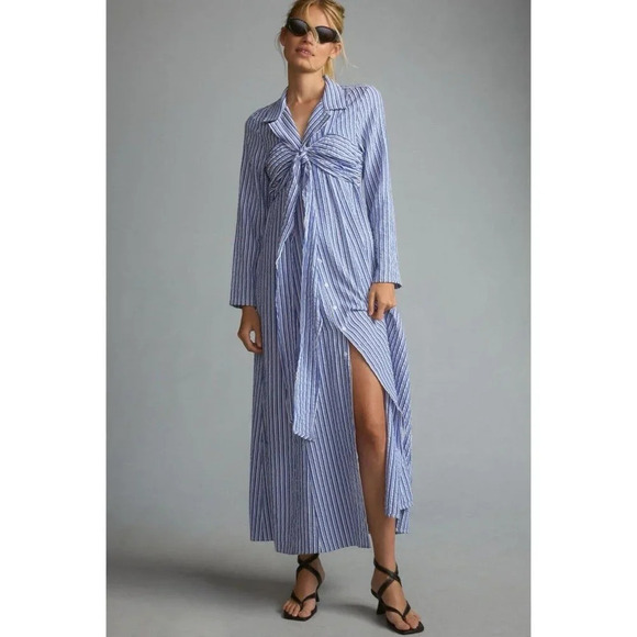 Porridge Dresses & Skirts - NWT Anthropologie Porridge‎ Maxi Dress Womens XXS Tie Front Blue White Stripe